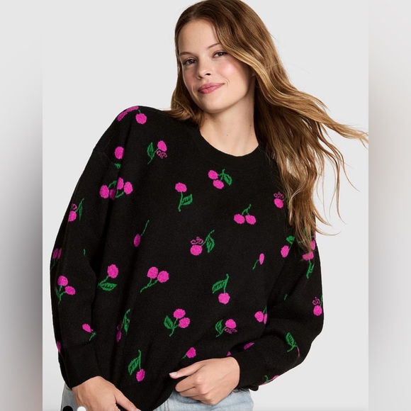 PINK Victoria's Secret Sweaters - Victoria’s Secret Pink Black Cherry Print Oversized Sweatshirt S NWT